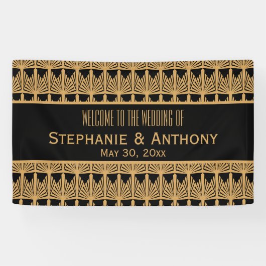 Goud en zwart art deco patroon bruiloft spandoek (Horizontaal)