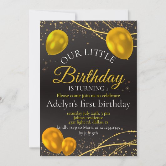 "Goud en zwart Baby eerste verjaardag" uitnodiging (Voorkant)