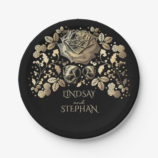 Goud en Zwart Bloemen Bruiloft Papieren Bordje (Voorkant)
