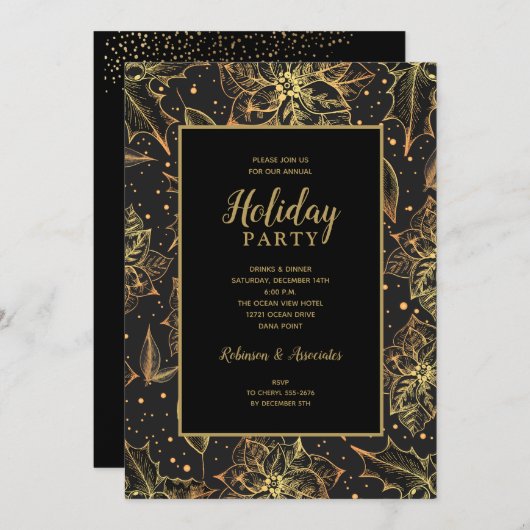 Goud en zwart Bloemen Feest Kaart (Voorkant / Achterkant)