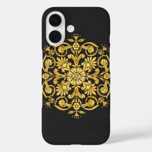 Goud en zwart bloemmotief iPhone 16 hoesje