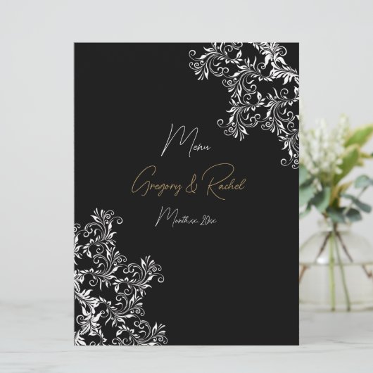 Goud en zwart bruiloft receptie menu (Staand voorkant)