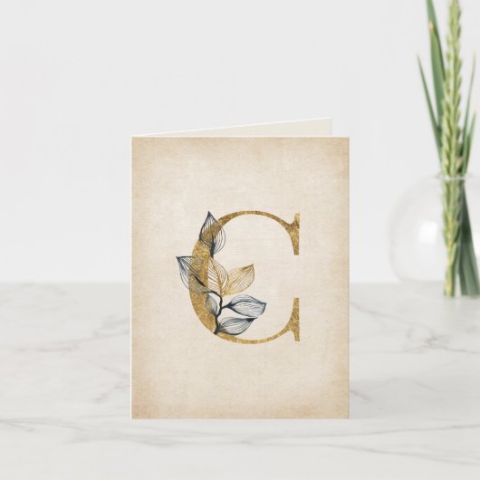 Goud en zwart C Monogram met bladeren Notitiekaartje (Voorkant)