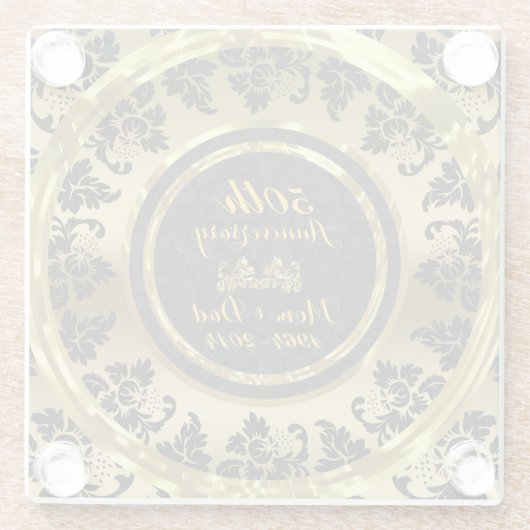 Goud en zwart damast. 50e bruiloft Jubileum Glazen Onderzetter (Achterkant)