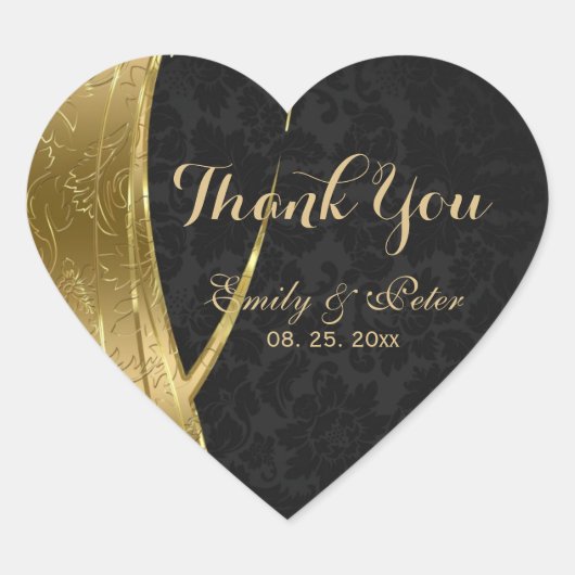 Goud en zwart damast-dank u hart sticker (Voorkant)