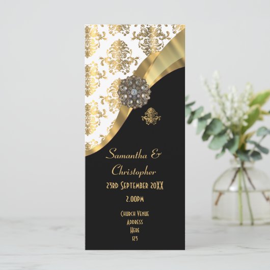 Goud en zwart damast kerk huwelijksprogramma programma (Staand voorkant)