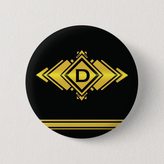 Goud en zwart deco-stijlzwart monogram ronde button 5,7 cm (Voorkant)
