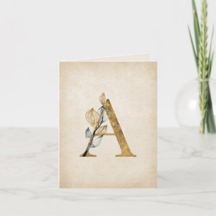 Goud en zwart Een monogram met bladeren Notitiekaartje