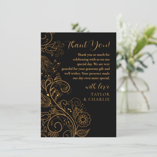 Goud en zwart Elegant Bloemen Bruiloft Bedankkaart (Staand voorkant)