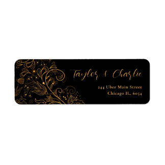 Goud en zwart Elegant Bloemen Bruiloft Etiket