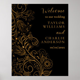 Goud en zwart Elegant Bloemen Bruiloft Welkom Poster