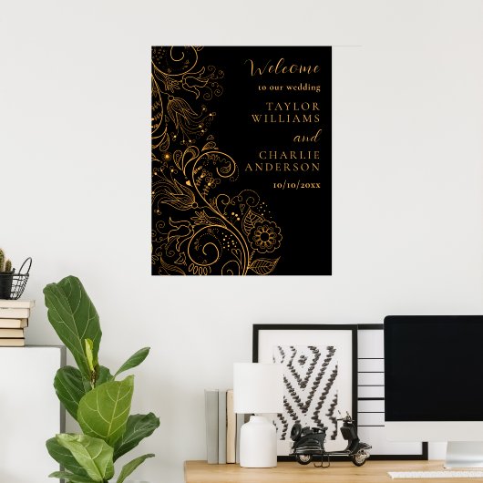 Goud en zwart Elegant Bloemen Bruiloft Welkom Poster (Thuiskantoor)