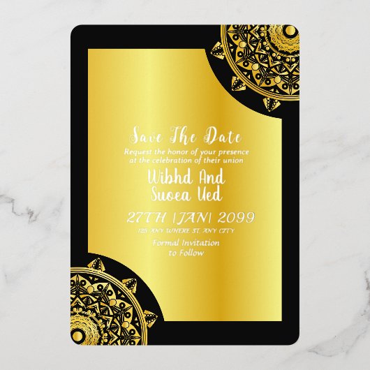 Goud en zwart Elegant Bruiloft Save the Date Folie Uitnodiging (Voorkant)