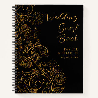 Goud en zwart Elegant Floral Wedding Gastenboek Notitieboek