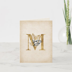 Goud en zwart Floral M Monogram op met bladeren Notitiekaartje