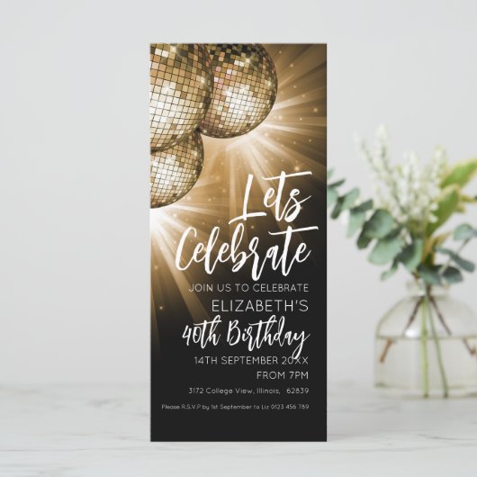 Goud en zwart Glitter Ball uitnodiging (Staand voorkant)