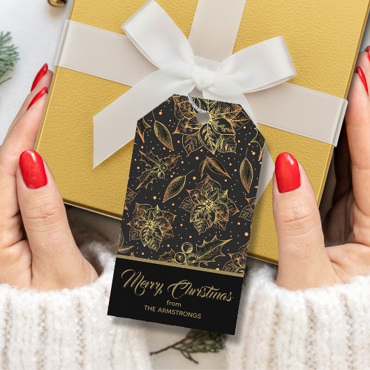 Goud en Zwart Kerst Bloemstuk Cadeaulabel