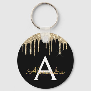 Goud en Zwart Meisjesachtig Glitterend Monogram Sleutelhanger