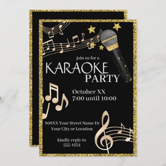 Goud en zwart Microfoon Muziek Karaoke Party Kaart (Voorkant / Achterkant)