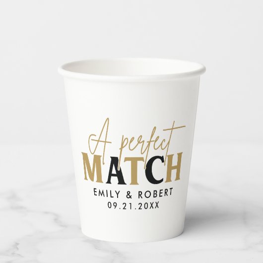 Goud en zwart-Perfect Match Bruiloft Gift Papieren Bekers (Achterkant)