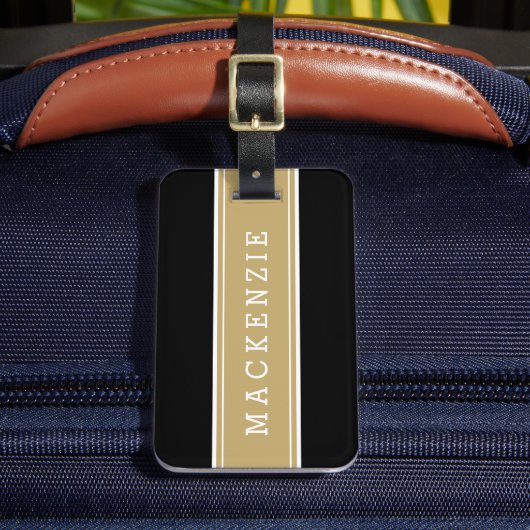 Goud en Zwart Rugby Streep Custom Monogram Bagagelabel (Voorkant Insitu 2)