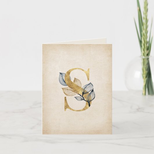 Goud en zwart S Monogram met bladeren Notitiekaartje (Voorkant)