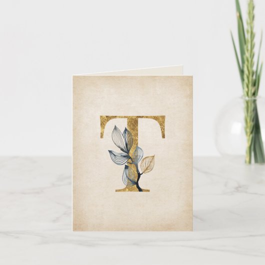 Goud en zwart T Monogram met bladeren Notitiekaartje (Voorkant)