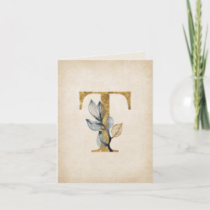 Goud en zwart T Monogram met bladeren Notitiekaartje