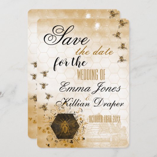 Goud en zwarte honingbijen save the date (Voorkant / Achterkant)