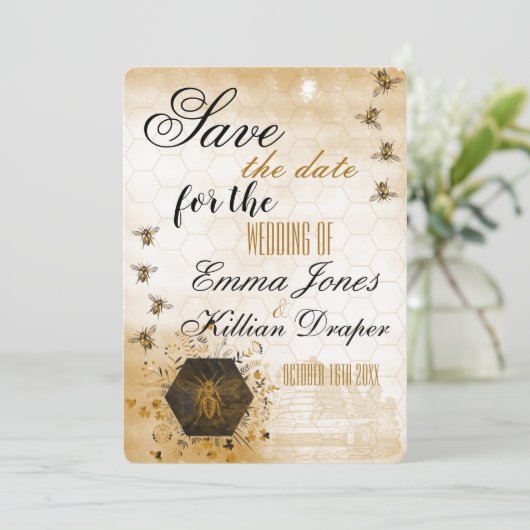 Goud en zwarte honingbijen save the date (Staand voorkant)