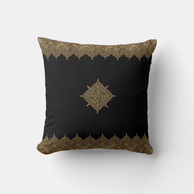 Goud en zwarte Indische Motif Kussen (Voorkant)