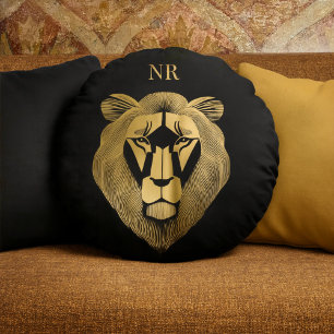 Goud en Zwarte Leeuw Moderne Chic Klasse Monogram Rond Kussen
