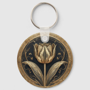 Goud en Zwarte Tulp Ontwerp Sleutelhanger