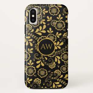 Goud en zwarte Victoriaanse bloemen kant Monogram iPhone XS Hoesje
