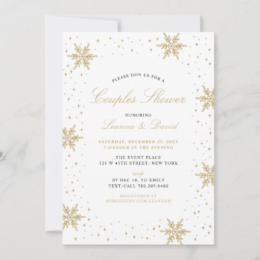 Goud en zwarte wintersneeuwkoppels bruiloft kaart (Voorkant)