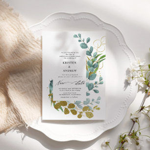Goud Eucalyptus groen nieuwe datum bruiloft Kaart