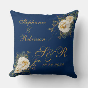 Goud Floral monogram Logo op marineblauw huwelijk  Kussen
