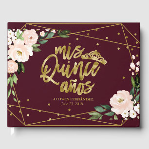 Goud Folie Blush Burgundy Bloem Quinceanera Gastenboek