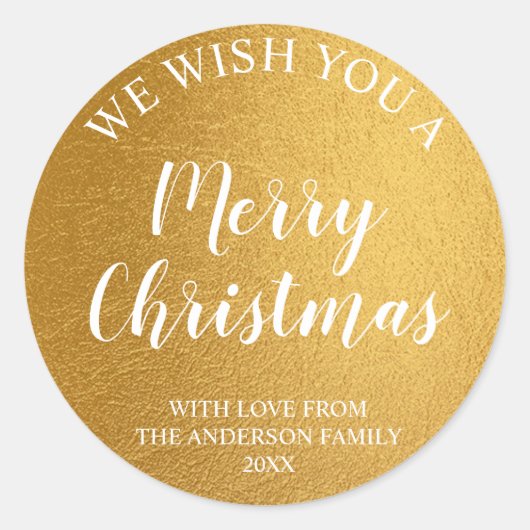 Goud Folie en Witte Script Prettig Kerstfeest Ronde Sticker (Voorkant)