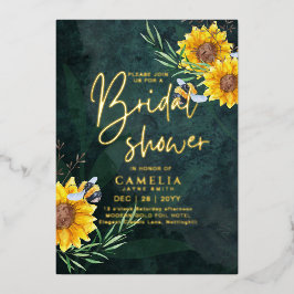 GOUD FOLIE Groene Zonnebloemen BRIDAL SHOWER QR Co Folie Uitnodiging