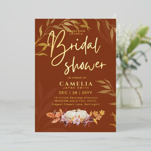 GOUD FOLIE Herfst Pompoen BRUIDSSHOWER QR Code Folie Uitnodiging (Staand Voorkant)