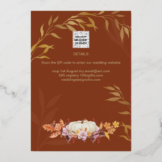 GOUD FOLIE Herfst Pompoen BRUIDSSHOWER QR Code Folie Uitnodiging (Achterkant)