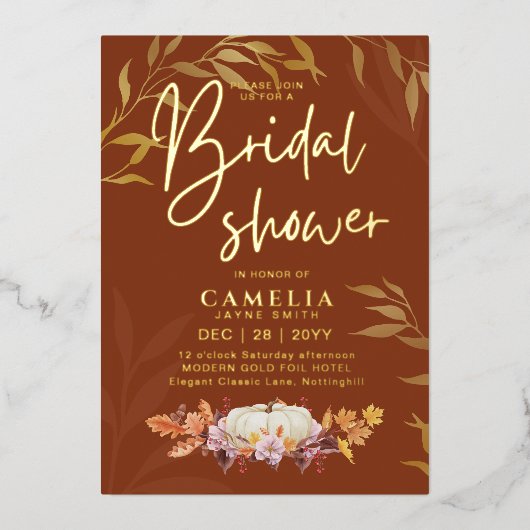 GOUD FOLIE Herfst Pompoen BRUIDSSHOWER QR Code Uitnodiging (Voorkant)