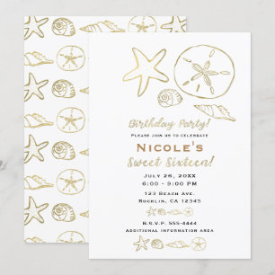 Goud Folie Look Zeeschelpen Chic Strand Sweet 16 Kaart