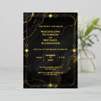 Goud Folie Luxe Zwarte Marmeren Art Deco Bruiloft Uitnodiging