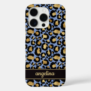 Goud Folie Op Blauwe Luipaardprint Monogram iPhone 16 Pro Hoesje