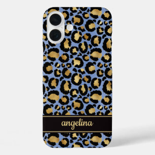 Goud Folie Op Blauwe Luipaardprint Monogram iPhone 16 Plus Hoesje