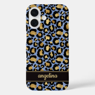 Goud Folie Op Blauwe Luipaardprint Monogram iPhone 16 Hoesje