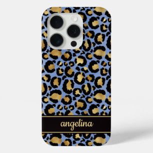 Goud Folie Op Blauwe Luipaardprint Monogram iPhone 15 Pro Case
