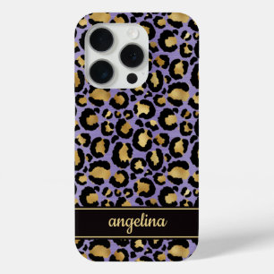Goud Folie Op Paarse Luipaardprint Monogram iPhone 15 Pro Case